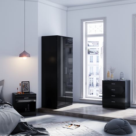 ELEGANT 3 Piece Bedroom Wardrobe Sets, 2 Door Soft Hinge Wardrobe, 4 Drawer Chest of Drawers and Beside Cabinet, Black Bedroom Furniture Sets (1/5)