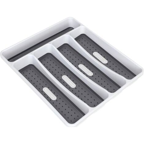 Range-Couverts pour tiroir, 5 Compartiments Organisateur de tiroir, Plastique sans BPA Range-Couverts pour Cuisine, Salle de Bain, Bureau, HxLxP: 4,7x32,2x28,4cm, Blanc