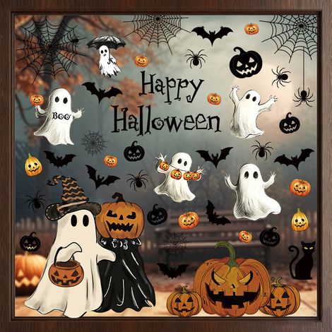 Autocollants pour fenêtres d'Halloween – Motifs fantômes et citrouilles – Réutilisables – Décorations de fenêtres (9 feuilles) (1/5)