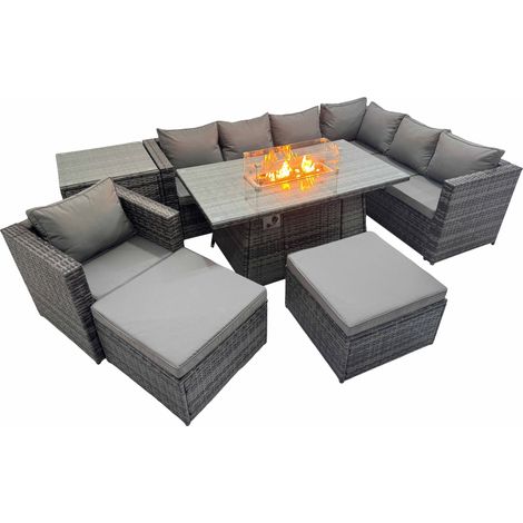 Fimous Garden Rattan Furniture Set 9 Seater Outdoor Corner Sofa Chair Gas Firepit Dining Table Set with 2 Big Stools Side Table Dark Grey (1/5)