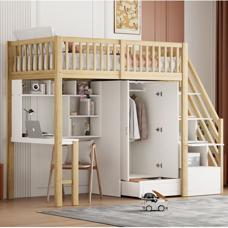 Lit mezzanine 90 x 200 cm en bois marron avec rangement, bureau et armoire intégrés (1/5)