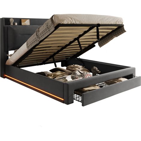 Lit Coffre Lit Double avec LED Réglable, Tiroir 2 en 1 et Rangement, 140 × 190 cm, sans Matelas, Gris Foncé (1/5)