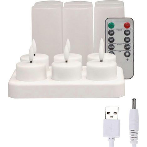 Lot de 6 bougies votives rechargeables sans flamme avec télécommande et minuterie, bougies chauffe-plat LED en plastique blanc, base de chargement (1/5)