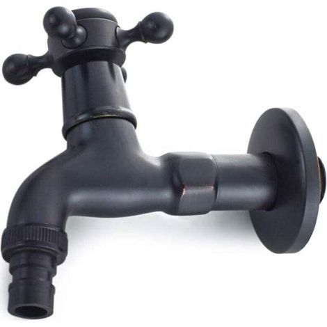 Robinet de Machine à Laver en Laiton avec Bec d'évier G1/2 - Robinet de Vadrouille à Poignée Croisée Antique pour Lavabo Jardin (Noir) (1/4)