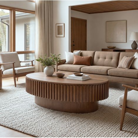 Table basse ovale avec rangement, 98 x 60 x 35 cm, MDF plaqué bois, noyer, OKMYHOME (1/5)