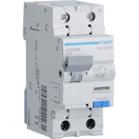 Ad990b Disjoncteur Différentiel Hager 1p+n 40a 30ma 6ka Type Ac - Neutre à Droite - Auxiliarisable
