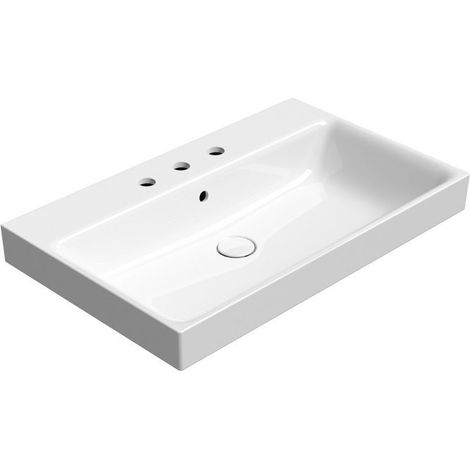 Lavabo en céramique NUBES 80x50cm, bord inférieur moulu, 3 trous de robinetterie, blanc ExtraGlaze (1/2)