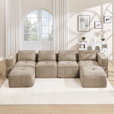 Modulares U-Sofa für 4 Personen ohne Gestell, Polyester Sand, 344 x 162 x 67 cm (1/5)