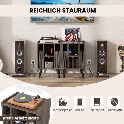 Meuble pour platine vinyle gris avec station de charge, 4 étagères ouvertes et passe-câble pour salon, chambre et bureau (1/5)