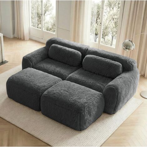 Modulares 2-Sitzer-Sofa mit 2 Ottomanen, montagefrei, 204 x 179 x 73 cm, Grau HAVRYA