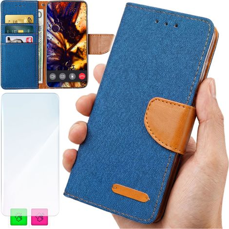 Étui portefeuille pour Oppo Reno 14 5G - Coque en toile bleue + Verre (1/5)