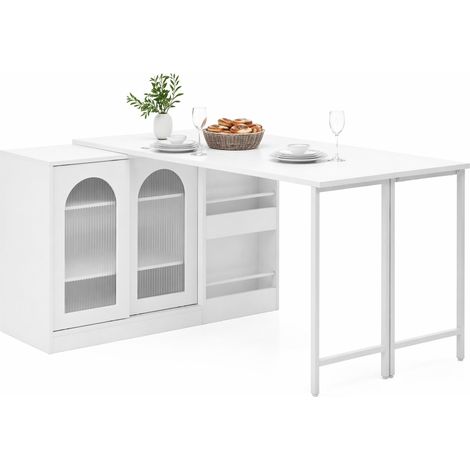 Table de bar extensible pivotante 360° avec rangement, plateau rabattable, portes vitrées striées, blanche, pour cuisine et petit espace – CHICFURN (1/5)