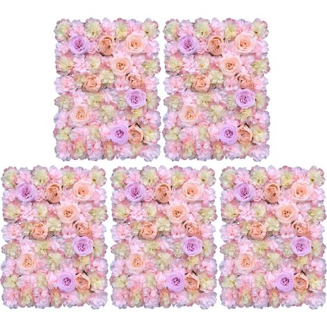 Lot de 5 panneaux muraux de fleurs artificielles, roses, hortensias et pivoines, mur de fleurs artificiel, fond décoratif pour mariage, fête, cérémonie et événement - 60x40 cm (1/5)