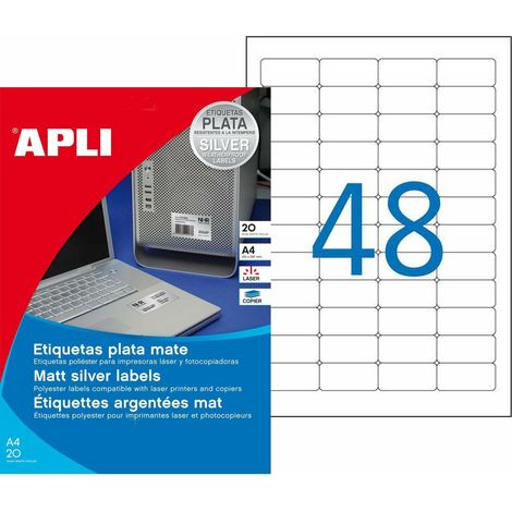 CAJA DE ETIQUETAS APLI PLATA RESISTENTES A LA INTEMPERIE 45.7 X 21.2 MM 20 HOJAS 10066