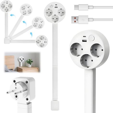 Panneau de prises - Prise de courant extractible - Permet de charger plusieurs appareils - Longueur réglable - 45-70 cm - Blanc (1/5)