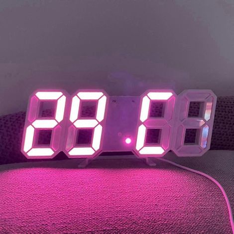 Horloge murale numérique LED 3D (rose) avec mode nuit lumineux, réglable, pour salon. (1/5)