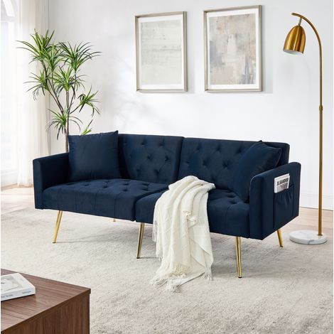 Canapé 2 places bleu en velours avec dossier réglable 3 positions et 2 coussins (1/5)