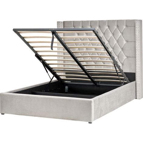 Cama con almacenaje de terciopelo gris claro plateado 140 x 200 cm cabecero Lubbon