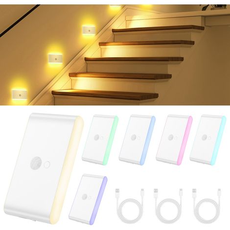 Lot De 6 Veilleuse Détecteur De Mouvement, RGB Lumiere Détecteur LED Intelligente Recharg eable, 3 Modes (AUTO/OFF/ON), Lampe D'Escalier, Veilleuse Enfant Pour, Couloir, Chambre, Escalier