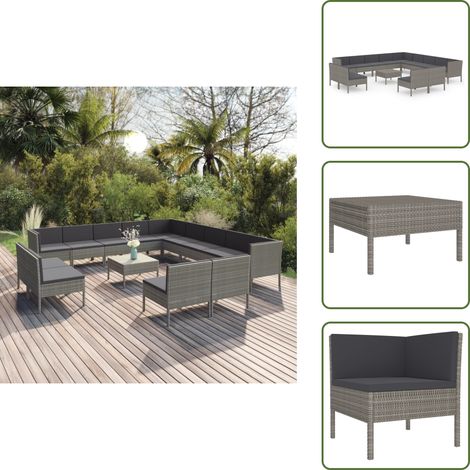 The Living Store Set Divani da Giardino 14 pz con Cuscini in Polyrattan Grigio - Set da giardino