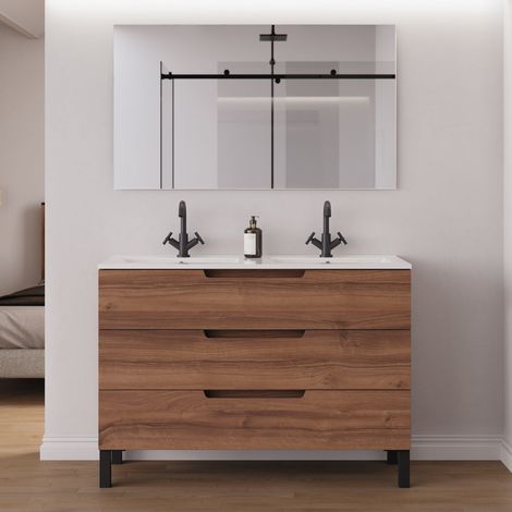 Meuble de salle de bain 120cm double vasque - 3 tiroirs - noyer (bois foncé) - RIZA (1/5)