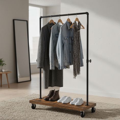Portant d’entrée industriel avec étagère de rangement, penderie robuste 80 kg, meuble vestiaire, marron et noir