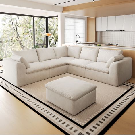 Divano angolare a V 245x245x83 cm in tessuto lino beige-bianco, 6 posti - MEUBLIV (1/5)