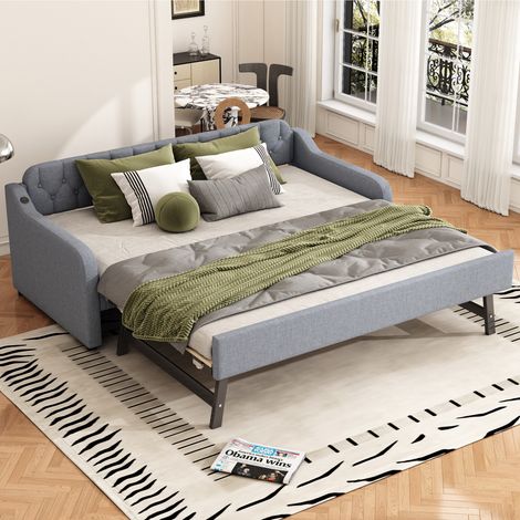 lit adulte gigogne USB 90x200 lin gris chambre OKMYHOME (1/5)