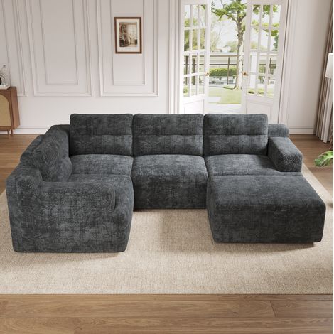 Canapé modulaire 252x180x82 cm gris en chenille avec pouf et dossier haut (1/5)