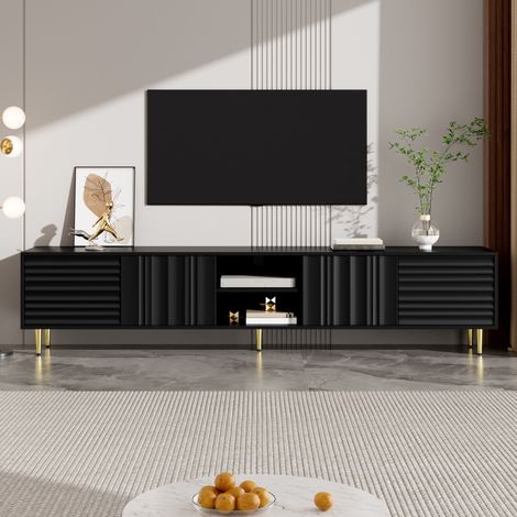 Mueble de TV 200 x 35 x 45 cm - 4 puertas con frontal texturizado, compartimento abierto, estilo moderno, MDF, negro (1/5)