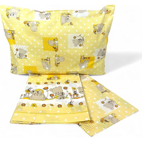 Completo Lenzuolo Pedro per Lettino – 100% Cotone Decorazione Orsetto, Made in Italy, Set 3 Pezzi Giallo