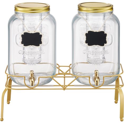 Distributeur de boissons, lot de 2, 8 L, carafe en verre avec support métallique, robinet inox, infuseur, pour thé glacé, limonade, jus et eau, idéal fêtes (1/5)