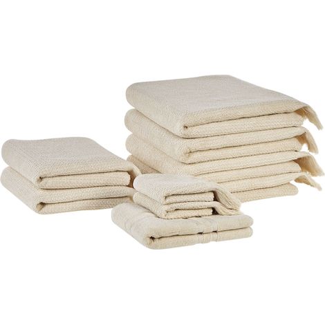 Lot de 9 Serviettes de Bain Luxe en Coton Polyester Doux Franges Beige Atiu (1/5)