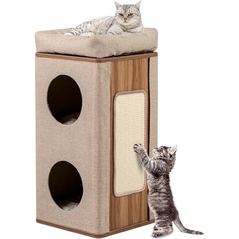 COSTWAY Casetta per Gatti a 3 Piani,con Tiragraffi, 2 Scomparti Coperti e 3 Materassini,Beige (1/5)