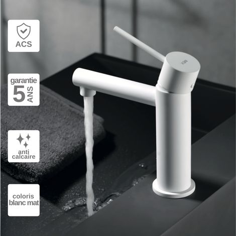 Robinet Mitigeur Lavabo Salle de Bain blanc mat – Bec Bas Anti-Calcaire – Design Moderne - MILOS STICK IMEX (1/4)