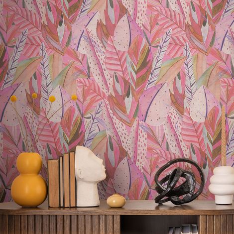 Papier peint intissé Palmiers & Feuilles Mauve, Rose - 10,05 x 0,53 m (1/5)