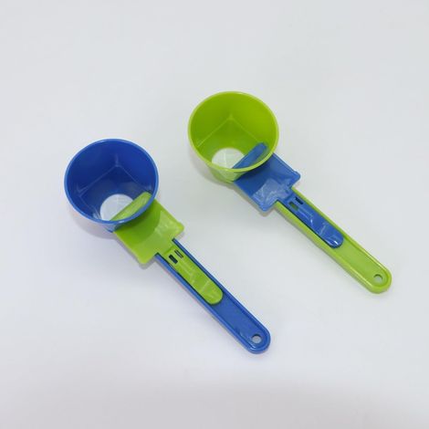 Entonnoir de mesure sans poussière, cuillère à glissière de poudre de protéines / cuillère anti-fuite pour café (2 pièces) Ensemble de cuillères à mesurer bicolores, design anti-fuite, bleu et vert. (1/4)