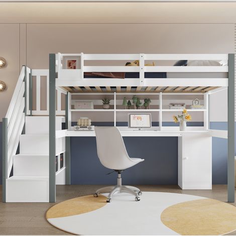 Letto a soppalco 90x200 cm bianco e grigio struttura in legno con scrivania (1/5)
