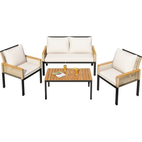 Set de lounge pour jardin – Canapé 2 places + 2 fauteuils + table, rotin polyvalent tressé sur cadre en acier thermolaqué, plateau en acacia, coussins confortables – Idéal pour terrasse, balcon et bor