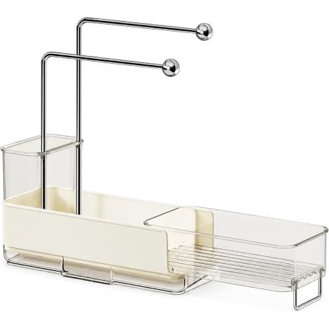 Porte Eponge Evier Cuisine, Extensible 25,6-38 cm, Blanc Bac egouttoir amovible, support eponge evier, porte produit vaisselle, port (1/4)