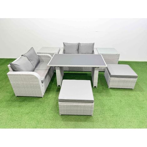 Fimous 7 Pieces Outdoor PE Rattan Sofa Set Patio Garden Furniture Sets with Cushions 2 Side Tables 2 Big Stools Light Grey (1/4)