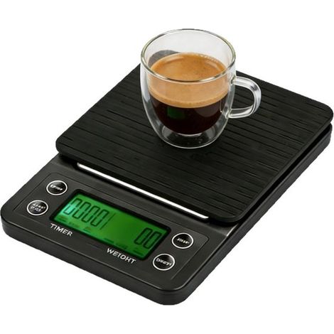 Balanza digital negra para café con temporizador y pantalla LCD verde (0,1 g，5 kg)，Funciona con pilas，precisión de 0,1 g，para café de filtro (1/5)