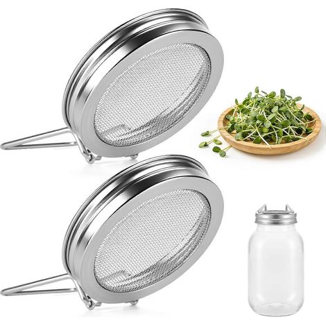 Lot de 2 couvercles germoirs pour bocaux Mason large ouverture 70 mm acier inoxydable réutilisables monoblocs avec support intégré (1/5)