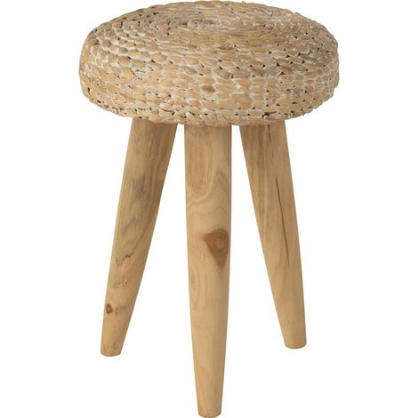 Tabouret rond en teck et jacinthe d eau blanc naturel - Bois naturel et blanc patiné (1/3)