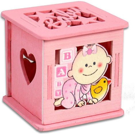 TrAdE Shop Traesio - 12 Scatolina Porta Confetti In Legno Bomboniera Nascita Battesimo Rosa Femmina - (1/2)
