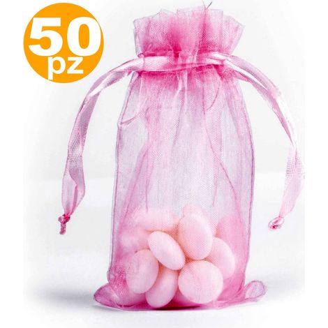 TrAdE Shop Traesio - Sacchetti Rosa Organza Bomboniera Nascita Matrimonio Compleanno Confetti Regalo - (1/2)