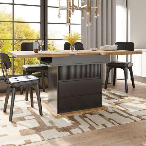 Table Ă manger extensible 110-140x80x75 cm avec 3 niveaux de rangement, noir et naturel (1/5)