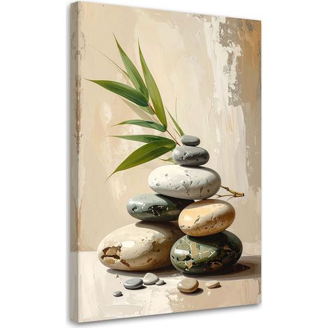 Tableau déco Pierres zen spa feuilles de bambou beiges 60x90 (1/4)