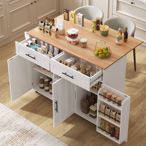 Buffet roulant 129 cm blanc plateau bois rabattable portes roulettes meuble cuisine (1/5)