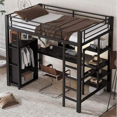 Hochbett 90x200 cm Mit Gestell Aus Schwarzem Metall (1/5)